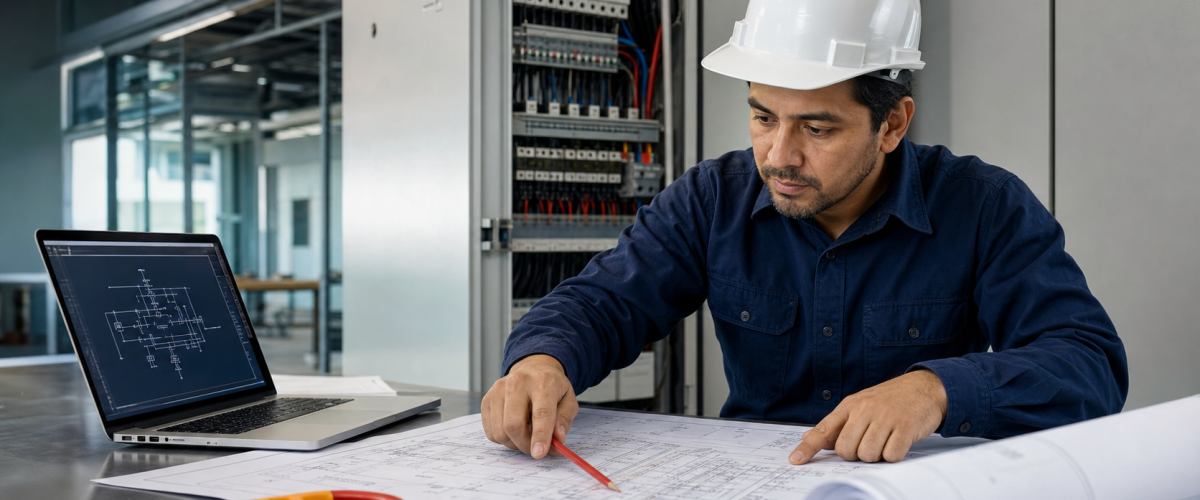Ingeniero revisando errores en un diseño eléctrico
